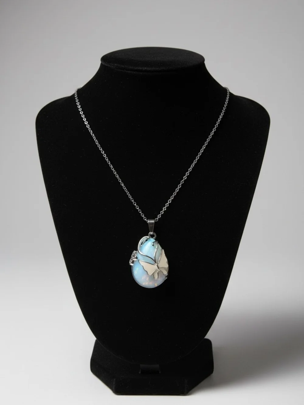 Opalescent Teardrop Butterfly Necklace in Silver Tone